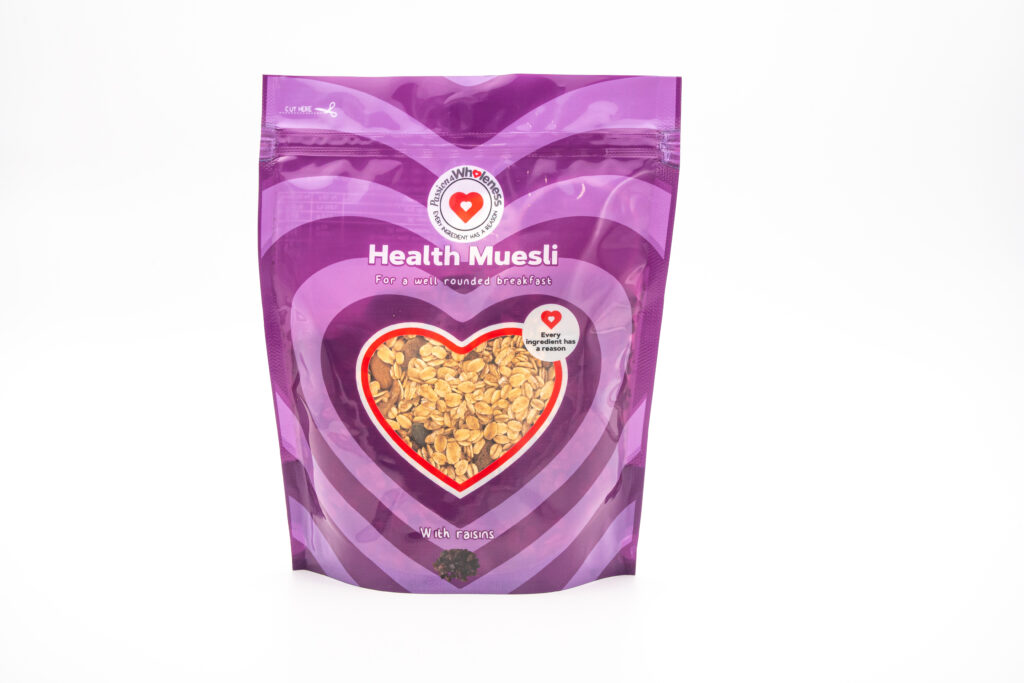 Passion4Wholeness Health Muesli with Raisins 350g, front of pack