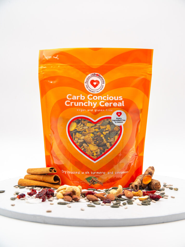 Carb Conscious Crunchy Muesli, Cinnamon and Turmeric pack with cinnamon sticks
